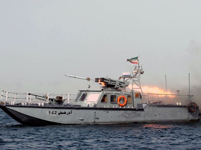 epa03046696 (FILE) A file picture dated 30 December 2011 of an Iranian war-boat firing a missile during the Iranian navy military exercise on the Sea of Oman, near the Strait of Hormuz in southern Iran. An Iranian naval commander on 01 January 2012 said the country would not close the Strait of Hormuz in the Persian Gulf unless it was forced to do so. Around 40 per cent of the worldâ×?s ship-borne crude oil passes though the strait. 'We are after peace and security and free shipping and not afte