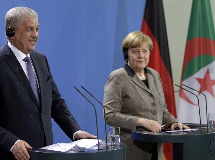 German Chancellor Angela Merkel, right, and the Prime Minister of Algeria Abdelmalek Sellal, left, address the media during a joint press conference as part of a meeting at the chancellery in Berlin, Germany, Tuesday, Jan. 12, 2016. (AP Photo/Michael Sohn)