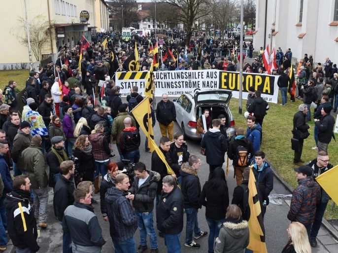 Protesters gather for a demonstration against German asylum policy in Freilassing, Germany, 09 January 2016. The right-wing alliance 'Wir sind die Grenze' (lit. we are the border) called a demonstration in the border town and opposes the German government's refugee policy.