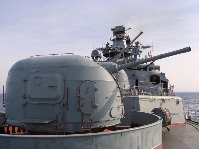 A view of the deck of the Russian navy destroyer Vice Admiral Kulakov on patrol in eastern Mediterranean on Thursday, Jan. 21, 2016. Russian warships equipped with an array of long-range missiles cruise off Syria's coast to back the air campaign in Syria and project Moscow's naval power in the Mediterranean. (AP Photo/Vladimir Isachenkov)