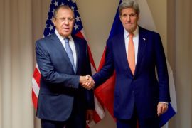 A handout picture provided by the US Department Of State shows US Secretary of State John Kerry (R) and Russian Foreign Minister Sergei Lavrov shaking hands in Zurich, Switzerland, 20 January 2016. US Secretary of State John Kerry and Russian Foreign Minister Sergei Lavrov met at a Zurich Airport hotel in an effort to bridge differences over who should be represented at the Syria peace talks next week. Moscow, which backs the Syrian government, does not want groups such as the hardline Islamist faction Ahrar al-Sham to take a seat at the negotiating table in Geneva, while Washington would not oppose their participation.