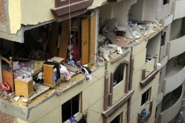 A general view shows destruction at the building where an explosion a day earlier killed at least 10 people in Giza, outside Cairo, Egypt, 22 January 2016. Local media reports suggest that the explosion happened when police raided a booby-trapped apartment. According to the Interior Ministry, terrorist suspects, allegedly affiliated with the banned Muslim Brotherhood group, were planning attacks and had been making explosives at a warehouse in Haram district near the famed Pyramids. The explosives went off as security forces raided the warehouse. EPA/NAMEER GALAL EGYPT OUT
