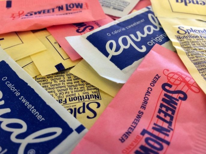 Artificial sweeteners are displayed, on Wednesday, Sept. 17, 2014, in New York. Artificial sweeteners may set the stage for diabetes in some people by hampering the way their bodies handle sugar, according to results of a study released Wednesday by the journal Nature. (AP Photo/Jenny Kane)