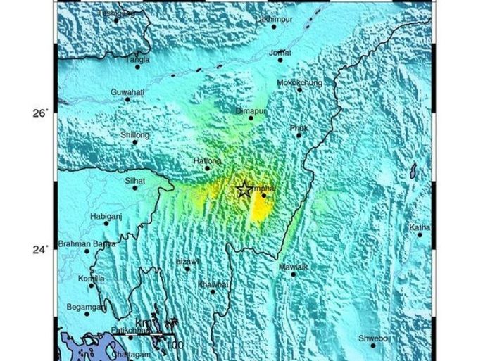 An intensity shake map released by the US Geological Survey (USGS) on 03 January 2016 shows the location where a preliminary 6.8 magnitude earthquake struck 33km WNW of Imphal, India, 04 January 2016 (local time). EPA/USGS / HANDOUT