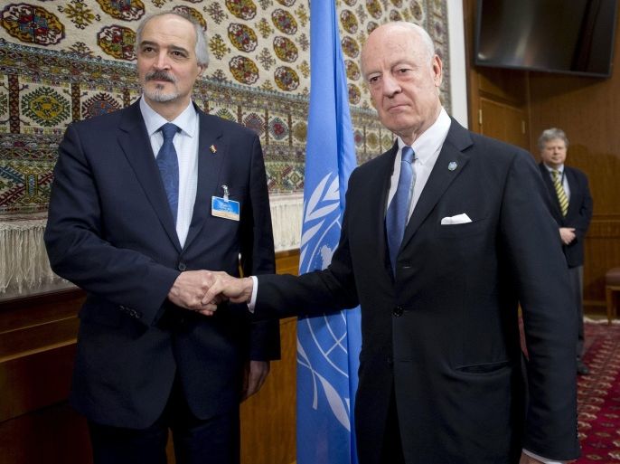 U.N. envoy Staffan de Mistura shakes hands with Syria's Ambassador to the United Nations Bashar al Jaafari (L) during the Syria peace talks in Geneva, Switzerland, January 29, 2016. REUTERS/Jean-Marc Ferre/United Nations/Handout via Reuters ATTENTION EDITORS - THIS PICTURE WAS PROVIDED BY A THIRD PARTY. REUTERS IS UNABLE TO INDEPENDENTLY VERIFY THE AUTHENTICITY, CONTENT, LOCATION OR DATE OF THIS IMAGE. IT IS DISTRIBUTED EXACTLY AS RECEIVED BY REUTERS, AS A SERVICE TO CLIENTS. EDITORIAL USE ONLY. NOT FOR SALE FOR MARKETING OR ADVERTISING CAMPAIGNS.