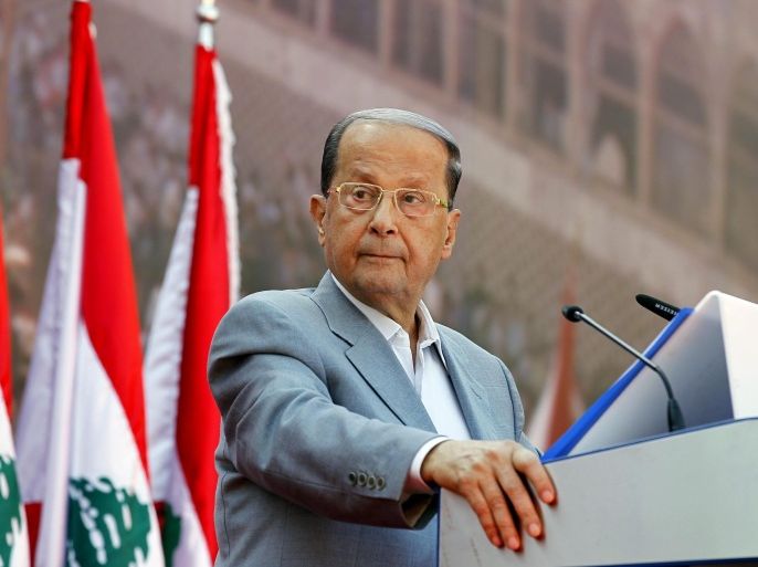 Lebanese founder of the Free Patriotic Movement, General Michel Aoun, speaks during a demonstration on the street leading to the Presidential Palace, east of Beirut, Lebanon, 11 October 2015. According to reports, thousands of supporters of the Free Patriotic Movement gathered in Baabda road to mark the 25th anniversary when Syrian warplanes bombed the presidential palace in Baabda on 13 October 1990 forcing the then Prime Minister Michel Aoun to step down before being exiled to France.