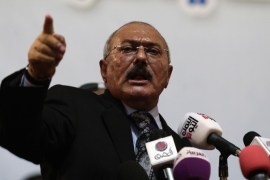 Former Yemen's President Ali Abdullah Saleh speaks during a ceremony marking the 30th anniversary of his General People's Congress party (GPC) establishment in Sanaa, Yemen, Monday, Sept. 3, 2012. The (GPC) was founded in August 24, 1982 led by former Yemen's President Ali Abdullah Saleh during his 33 years rule until he stepped down from power after last year's protests. (AP Photo/Hani Mohammed)
