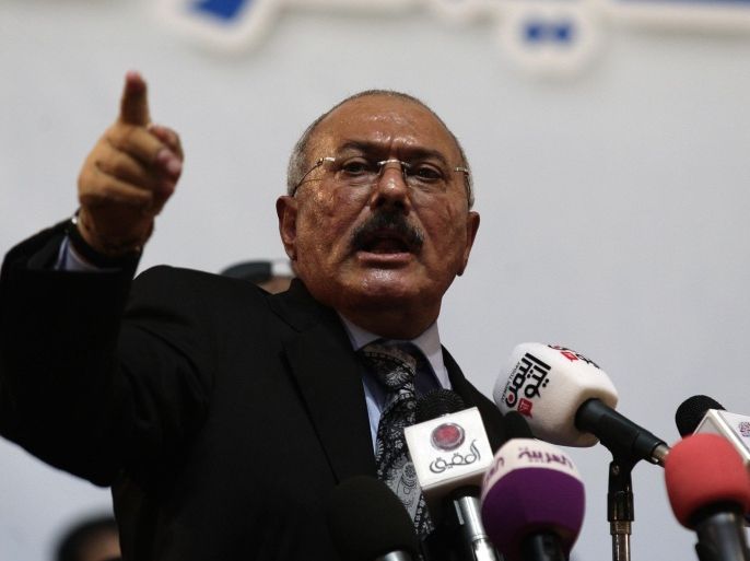 Former Yemen's President Ali Abdullah Saleh speaks during a ceremony marking the 30th anniversary of his General People's Congress party (GPC) establishment in Sanaa, Yemen, Monday, Sept. 3, 2012. The (GPC) was founded in August 24, 1982 led by former Yemen's President Ali Abdullah Saleh during his 33 years rule until he stepped down from power after last year's protests. (AP Photo/Hani Mohammed)