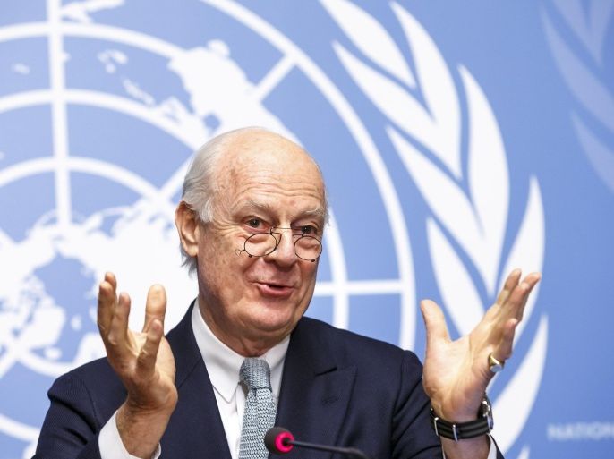 UN Special Envoy of the Secretary-General for Syria Staffan de Mistura informs the media on the Intra-Syrian Talks, during a press conference, at the European headquarters of the United Nations in Geneva, Switzerland, Monday, Jan. 25, 2016. (Salvatore Di Nolfi/Keystone via AP)