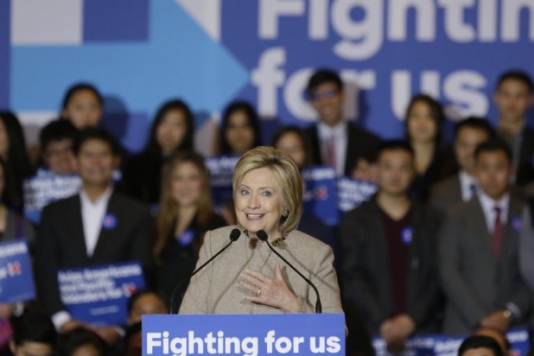 Democratic presidential candidate Hillary Clinton addresses Asian American and Pacific Islander supporters in San Gabriel, Calif., on Thursday, Jan. 7, 2016. (AP Photo/Damian Dovarganes)