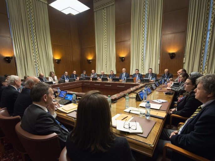 Representatives sit after arriving for the round of negotiation between the Syrian government and the opposition in Geneva, Switzerland, 29 January 2016. Syria's long-awaited peace talks, set to start in Geneva, have been thrown in doubt as a Saudi-based opposition group appears hesistant to attend. Key members of the opposition have been indicating their participation may hinge on the Syrian government stopping airstrikes and lifting its siege on towns inside the war-ravaged country. World powers hope that the Geneva negotiations will initiate a political process to resolve Syria's conflict that started as peaceful anti-government protests in 2011 and is estimated to have cost the lives of more than 250,000 people.