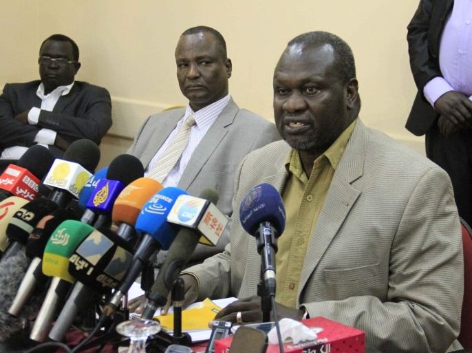 Southern Sudanese leader of the Sudan People's Front and opposition Sudan Liberation Riek Machar addresses journalists at a news conference held in Khartoum, capital of Sudan 18 September 2015. Machar arrived in the capital earlier in the week to meet with President Omar Al-Bashir to duscyss issues relating to the implementation of the peace agreeemnt signed between Machar and President Salva Kiir of South Sudan