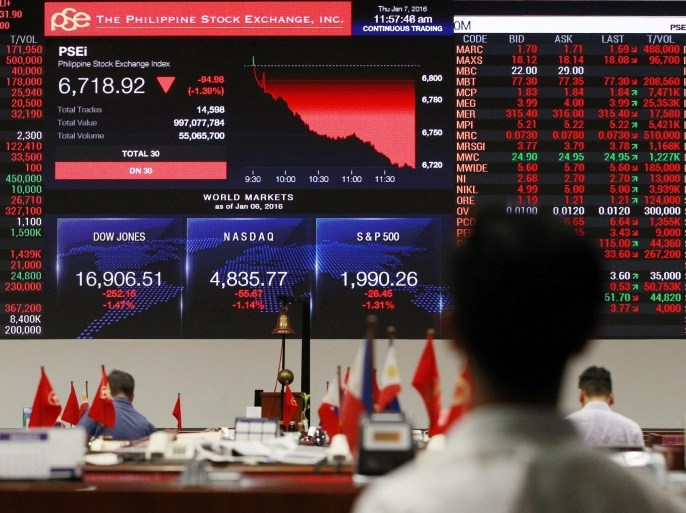 A Filipino stands in front of an electronic trading board showing a downward trend on the Philippines and other markets during morning trading at the Philippine Stock Exchange in Makati, south of Manila, Philippines on Thursday, Jan. 7, 2016. Chinese stocks nosedived on Thursday, triggering the second daylong trading halt of the week and sending other Asian markets sharply lower as investor jitters rippled across the region. (AP Photo/Aaron Favila)