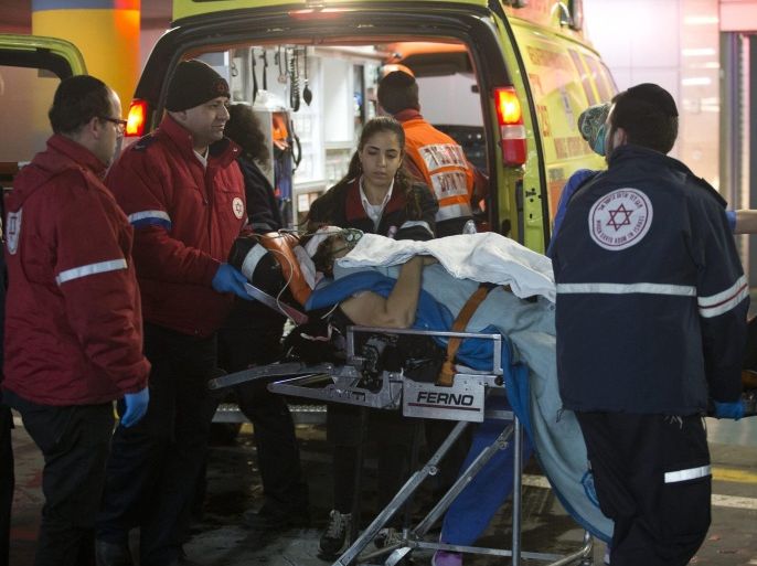 Emergency teams handle a wounded Israeli following a stabbing attack, at the Shaare Zedek Medical Center in Jerusalem, Israel, 25 January 2016. Local media reported that two Palestinian men were killed by Israeli security forces after a stabbing attack on two Israeli women in Beit Horon, near Jerusalem. The women were left severely wounded.