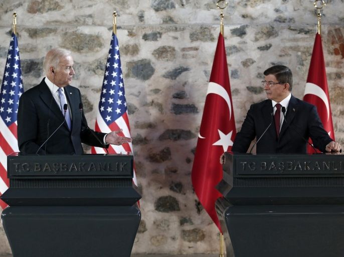 US Vice President Joe Biden (L) and Turkish Prime Minister Ahmet Davutoglu (R) attend a press conference at Prime Minister Office in Istanbul, Turkey 23 January 2016. Biden is in Turkey for a two day visit and is scheduled to meet both, Turkish president Recep Tayyip Erdogan and Prime Minister Ahmet Davutoglu.