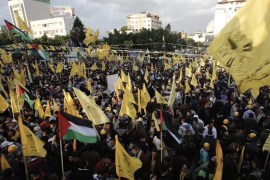 A picture made available on 01 January 2016 showing Palestinian Fatah supporters celebrating during a Fatah movement rally marking the 51st anniversary of the founding of the Fatah movement, in the streets of Gaza City, 31 December 2015.