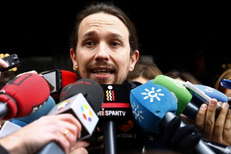 Spanish leftist party Podemos (We Can) leader, Pablo Iglesias, talks to media upon his arrival to a party's meeting in Madrid, Spain, 03 January 2015, to analyze the current situation after Spanish general election held on last 20 December. Although the ruling Spanish People's Party won the election the party did not get a enough majority to rule on it's one.