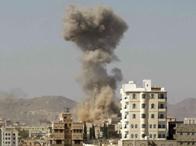 Smoke rises after a Saudi-led airstrike hit an army base in Sanaa, Yemen, Tuesday, Jan. 19, 2016. (AP Photo/Hani Mohammed)