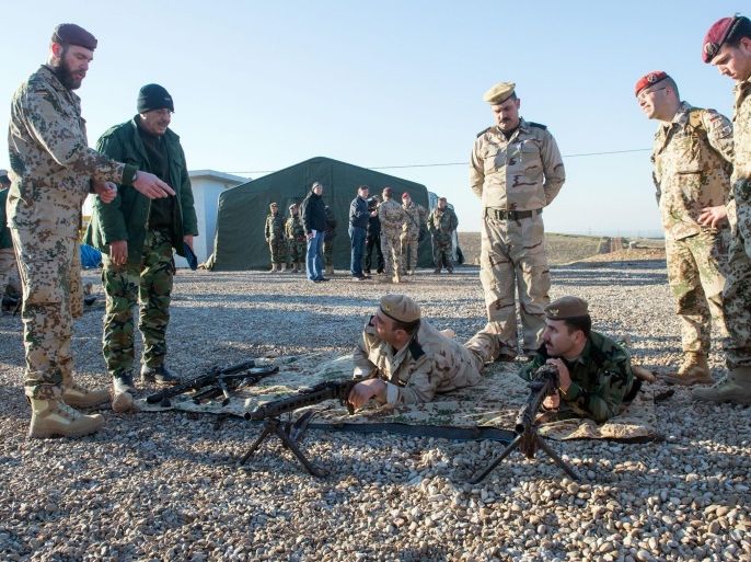 Bundeswehr soldiers train Peshmerga fighters in using German weapons at the 'Zeravani Training Centre' in Bnaslava close to Erbil in Kurdistan, Iraq, 12 January 2015. German Defense Minister von der Leyen is visiting Kurdistan to get informed about the work of the Bundeswehr soldiers, who train Peshmerga fighters in using German weapons. Germany announced in December 2014 it is sending about 100 military personnel to Iraq to train Kurds fighting the Islamic State militant group. Germany has already supplied weapons to the Kurdish peshmerga fighters, as well as training Iraqi fighters at military camps in Germany on how to operate German anti-tank rockets.