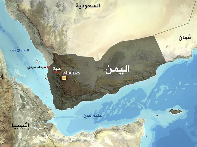 خريطة لليمن يُوضح فيها موقع محافظة حجة وميناء ميدي على البحر الأحمر