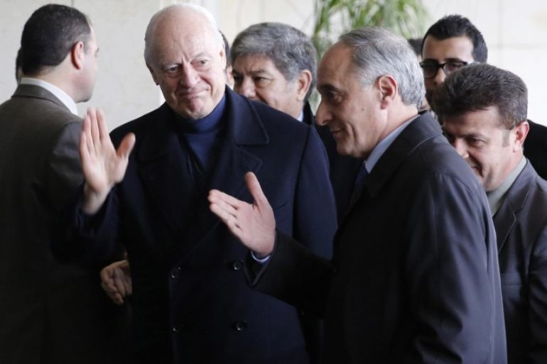 UN special envoy on Syria Staffan de Mistura (L) and Deputy Syrian Foreign Minister Ayman Sossan (R) are seen upon arrival at Dama Rose hotel in Damascus, Syria, 08 January 2016. De Mistura arrived on a three-day visit ahead of the Syria peace talks due to resume on 25 January.