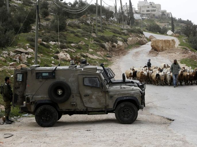 A Palestinian sheppered leads his cattle as Israeli soldiers stand guard in Karma village, south of the West Bank city of Hebron, 19 January 2016. Israeli army closed the entrance of several villages after an Israeli settler was killed in Otni'el settlement during a military operation to locate the killer. The tensions between the two sides have been flaring as the peace process in the Middle East has been stalled since 2014, when nine months of fruitless talks ground to a halt. According to reports, more than 25 Israelis were killed in a series of stabbing, shooting and cars ramming attacks carried out by Palestinians in Israel, the West Bank and east Jerusalem, as the death toll of Palestinians killed by Israeli security forces in the Palestinian Territories since early October 2015 reaches 160.