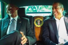This framegrab image provided by Crackle and comediansincarsgettingcoffee.com, shows President Barack Obama with Jerry Seinfeld in a scene from a “Comedians in Cars Getting Coffee.” The president and Seinfeld compare cars and trade one-liners in a 19-minute episode of “Comedians In Cars Getting Coffee.” The episode began airing Wednesday night. (Crackle and comediansincarsgettingcoffee.com via AP)