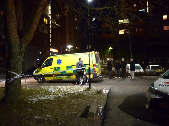 A van of the medical team arrive at the scene of an explosion at a Turkish association office in Fittja, southwestern Stockholm, Sweden, late 17 February 2016. There were no injuries because the association was closed at the time. EPA/MAJA SUSLIN SWEDEN OUT