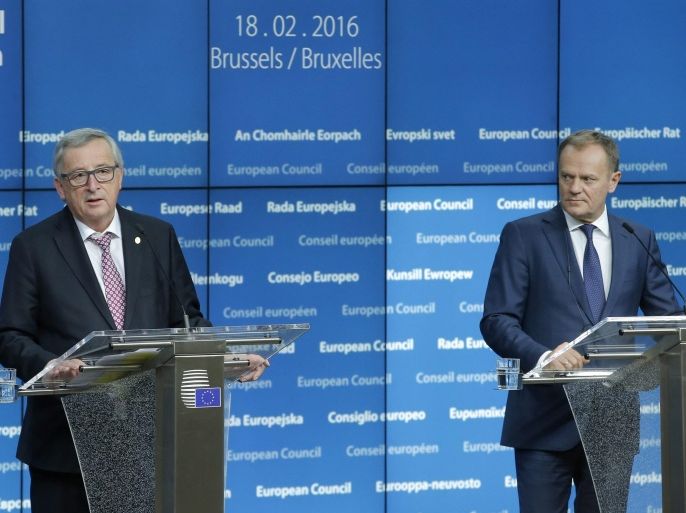 European Commission President Jean-Claude Juncker and European Council President Donald Tusk (R) give a press conference at the end of the first day of a two-day EU summit at the European Council headquarters in Brussels, Belgium, 19 February 2016. EU leaders were trying to thrash out an agreement with Britain on reforms, amid hopes that they can seal a deal which will convince the country to stay in their bloc. Fears are rife that Britons might vote to leave the European Union in a referendum that Prime Minister David Cameron has promised to hold by the end of 2017, but that is widely expected this year already. The turmoil over Brexit - the buzzword for Britain's possible departure from the EU after more than 40 years of half-hearted membership - comes at a time when the bloc is already struggling with a severe migration crisis and enduring economic woes.