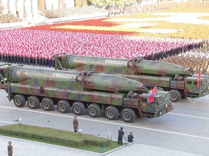 A picture released by the North Korean Central News Agency (KCNA) on 12 October 2015 shows large missiles, believed to be KN-08 intercontinental ballistic missiles, appearing during a large-scale military parade at Pyongyang's Kim Il-sung Square, in Pyongyang, North Korea, 10 October 2015, to mark the 70th anniversary of the founding of the ruling Workers' Party of Korea. EPA/KCNA -- BEST QUALITY AVAILABLE -- SOUTH KOREA OUT