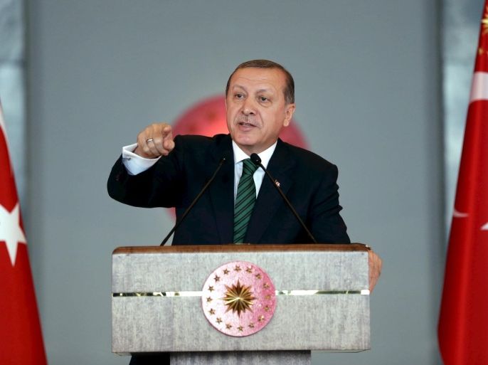 Turkish President Tayyip Erdogan makes a speech during a meeting in Ankara, Turkey February 17, 2016, in this handout photo provided by the Presidential Palace. REUTERS/Murat Cetinmuhurdar/Presidential Palace/Handout via Reuters ATTENTION EDITORS - THIS IMAGE WAS PROVIDED BY A THIRD PARTY. REUTERS IS UNABLE TO INDEPENDENTLY VERIFY THE AUTHENTICITY, CONTENT, LOCATION OR DATE OF THIS IMAGE. FOR EDITORIAL USE ONLY. NOT FOR SALE FOR MARKETING OR ADVERTISING CAMPAIGNS. FOR EDITORIAL USE ONLY. NO RESALES. NO ARCHIVE. THE PICTURE IS DISTRIBUTED EXACTLY AS RECEIVED BY REUTERS, AS A SERVICE TO CLIENTS.