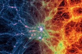 This image provided by the Illustris Collaboration in May 2014 shows dark matter density, left, transitioning to gas density, right, in a simulation of the evolution of the universe since the Big Bang. The new computer simulation that reproduces features — such as galaxy distribution and composition — more accurately than previous ones is described in the Thursday, May 8, 2014 issue of the journal Nature. Previous attempts have broadly reproduced the web of galaxies, but failed to create mixed populations of galaxies or predict gas and metal content. The new model correctly predicts characteristics described in observational studies, and represents a considerable step forward in modeling galaxy formation. (AP Photo/Illustris Collaboration)