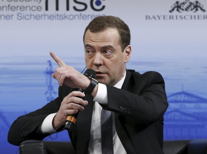 Russian Prime Minister Dmitry Medvedev answers a question from the audience at the Munich Security Conference in Munich, Germany, February 13, 2016. Medvedev said on Saturday that only regular cooperation between Russia and the United States can lead to a normalisation of the situation in Syria. REUTERS/Dmitry Astakhov/Sputnik/Pool ATTENTION EDITORS - THIS IMAGE HAS BEEN SUPPLIED BY A THIRD PARTY. IT IS DISTRIBUTED, EXACTLY AS RECEIVED BY REUTERS, AS A SERVICE TO CLIENTS.