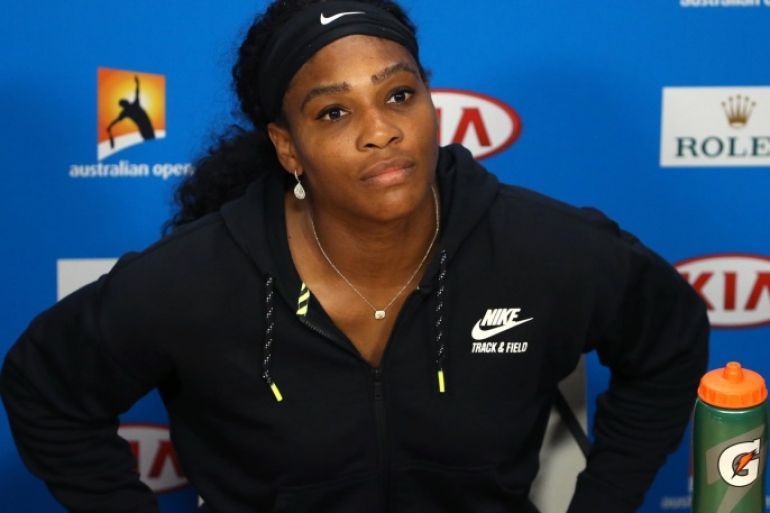 Serena Williams of the United States answers questions at press conference following her loss to Angelique Kerber of Germany in the women's singles final at the Australian Open tennis championships in Melbourne, Australia, Saturday, Jan. 30, 2016.(AP Photo/Rick Rycroft)