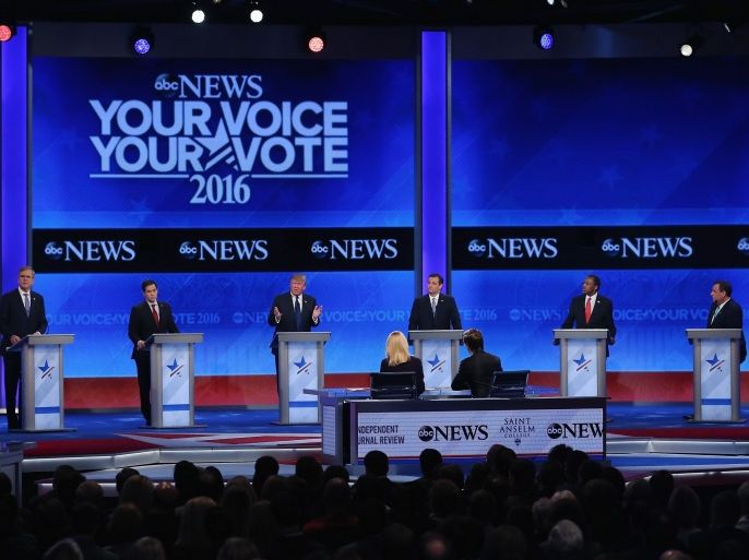 Manchester, New Hampshire, UNITED STATES : MANCHESTER, NH - FEBRUARY 06: (L-R) Republican presidential candidates Ohio Governor John Kasich, Jeb Bush, Sen. Marco Rubio (R-FL), Donald Trump, Sen. Ted Cruz (R-TX), Ben Carson and New Jersey Governor Chris Christie participate in the Republican presidential debate at St. Anselm College February 6, 2016 in Manchester, New Hampshire. Sponsored by ABC News and the Independent Journal Review, this is the final televised debate before voters go to the polls for the New Hampshire primary on February 9. Joe Raedle/Getty Images/AFP