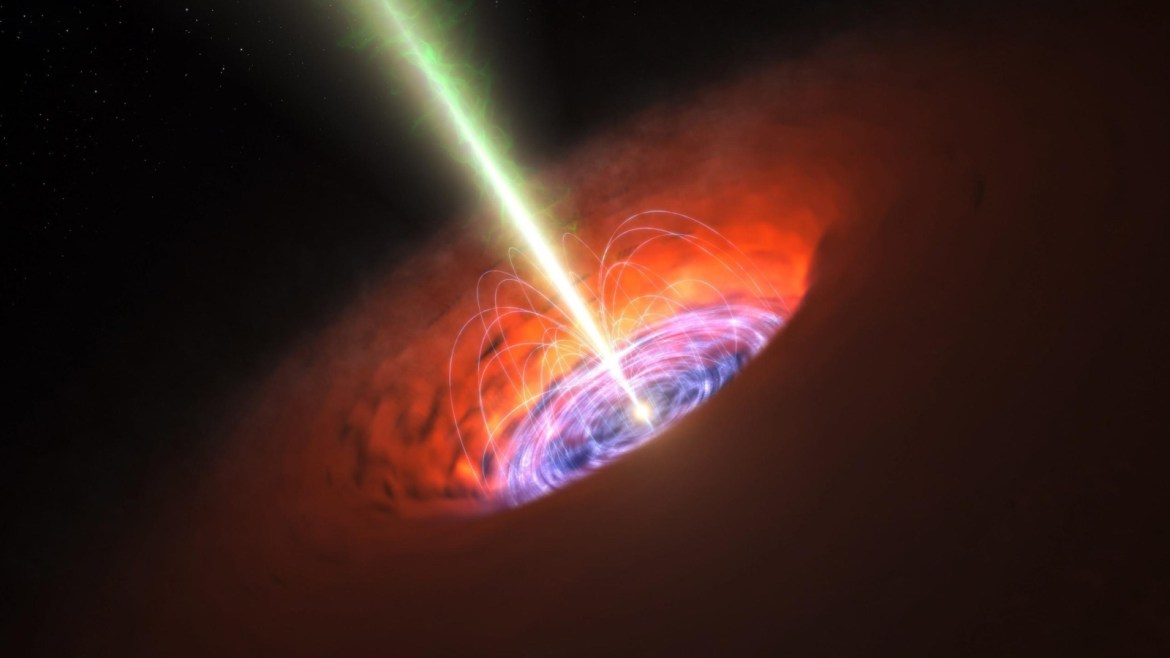 An undated handout image provided by ESO on 16 April 2015 shows an artist´s impression released by the European Southern Observatory (ESO) shows the surroundings of a supermassive black hole, typical of that found at the heart of many galaxies. The black hole itself is surrounded by a brilliant accretion disc of very hot, infalling material and, further out, a dusty torus. There are also often high-speed jets of material ejected at the black hole's poles that can extend huge distances into space. Observations with ALMA have detected a very strong magnetic field close to the black hole at the base of the jets and this is probably involved in jet production and collimation.  EPA/ESO / HANDOUT NO SALES/EDITORIAL USE ONLY