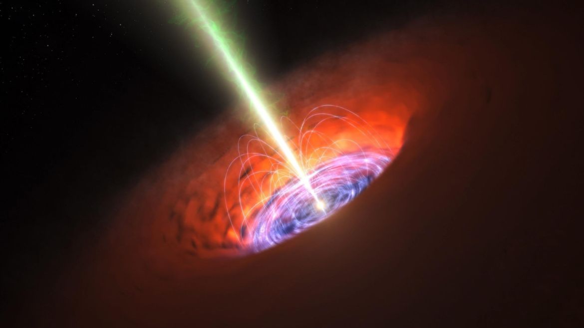 An undated handout image provided by ESO on 16 April 2015 shows an artist´s impression released by the European Southern Observatory (ESO) shows the surroundings of a supermassive black hole, typical of that found at the heart of many galaxies. The black hole itself is surrounded by a brilliant accretion disc of very hot, infalling material and, further out, a dusty torus. There are also often high-speed jets of material ejected at the black hole's poles that can extend huge distances into space. Observations with ALMA have detected a very strong magnetic field close to the black hole at the base of the jets and this is probably involved in jet production and collimation.  EPA/ESO / HANDOUT NO SALES/EDITORIAL USE ONLY