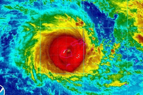 A handout picture provided by the National Oceanic and Atmospheric Administration (NOAA) shows Cyclone Winston over Fiji, 20 February 2016. Airline flights in and out of Fiji were cancelled as a category-5 cyclone bore down on the South Pacific island nation. Cyclone Winston was packing average wind speeds of about 220 kilometres per hour with gusts of up to 315 kmh, the Fiji meteorological service said. Tourist videos showed downed power lines and strong sea swells in low-lying coastal areas as the leading edge of the storm began hitting the islands.