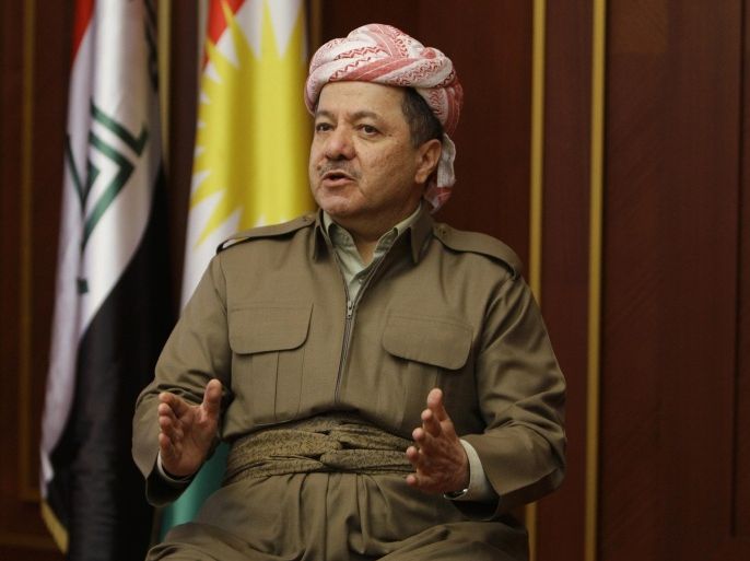 Iraqi Kurdish regional President Masoud Barzani speaks during an interview with Reuters in Arbil, in this November 30, 2011 file photo. To match Special Report MIDEAST-CRISIS/KURDISTAN REUTERS/Azad Lashkari/Files (IRAQ - Tags: POLITICS)