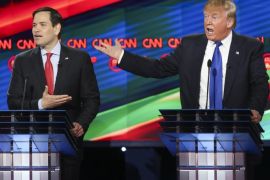 US Republican presidential candidates, Marco Rubio (L) and Donald Trump (R) argue while answering a question during the CNN Republican Presidential Primary Debate at the University of Houston's Moores School of Music Opera House in Houston, Texas, USA, 25 February 2016. This is the final debate before the Super Tuesday elections across the country.