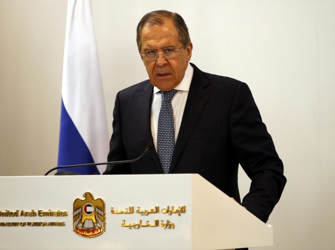 Russian Foreign Minister Sergey Lavrov speaks during a joint press conference with United Arab Emirates Minister of Foreign Affairs Sheikh Abdullah bin Zayed bin Sultan Al Nahyan (not pictured) at the UAE Ministry of Foreign Affairs in Abu Dhabi, United Arab Emirates, 02 February 2016. Reports state Lavrov is visiting the United Arab Emirates and Oman to discuss ways to bring global oil prices to a 'fair level'.