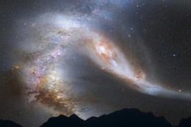The sky is seen at night just before the predicted merger between our Milky Way galaxy and the neighboring Andromeda galaxy, in this NASA photo illustration released May 31, 2012. About 3.75 billion years from now, Andromeda's disk will fill the field of view and its gravity will begin to create tidal distortions in the Milky Way. The view is inspired by dynamical computer modelling of the future collision between the two galaxies. The two galaxies collide about 4 billion years from now and merge to form a single galaxy about 6 billion years from now. REUTERS/NASA, ESA, Z. Levay and R. van der Marel (STScI), and A. Mellinger/Handout (ENVIRONMENT SCIENCE TECHNOLOGY TPX IMAGES OF THE DAY) FOR EDITORIAL USE ONLY. NOT FOR SALE FOR MARKETING OR ADVERTISING CAMPAIGNS. THIS IMAGE HAS BEEN SUPPLIED BY A THIRD PARTY. IT IS DISTRIBUTED, EXACTLY AS RECEIVED BY REUTERS, AS A SERVICE TO CLIENTS