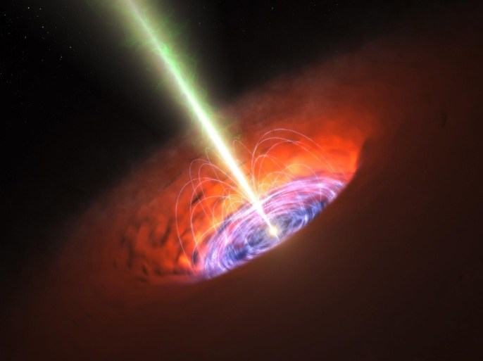 An undated handout image provided by ESO on 16 April 2015 shows an artist´s impression released by the European Southern Observatory (ESO) shows the surroundings of a supermassive black hole, typical of that found at the heart of many galaxies. The black hole itself is surrounded by a brilliant accretion disc of very hot, infalling material and, further out, a dusty torus. There are also often high-speed jets of material ejected at the black hole's poles that can extend huge distances into space. Observations with ALMA have detected a very strong magnetic field close to the black hole at the base of the jets and this is probably involved in jet production and collimation. EPA/ESO / HANDOUT NO SALES/EDITORIAL USE ONLY