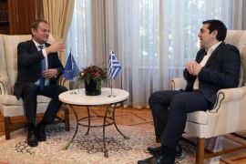 Greek Prime Minister Alexis Tsipras (R) talks with the President of the European Council Donald Tusk (L) during a meeting at the Maximos Mansion in Athens, Greece, 16 February 2016. The head of the European Council is travelling to several European capitals to discuss his proposals for EU reforms that will satisfy the demands presented by British Prime Minister David Cameron and convince British citizens to vote in favour of their stay in the Union.