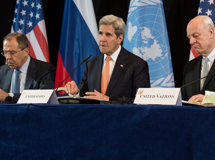 US Secretary of State John Kerry (C), Russian Foreign Minister Sergei Lavrov (L) and UN Special Envoy of the Secretary-General for Syria Staffan de Mistura (R) hold a press conference after the International Syria Support Group (ISSG) meeting in Munich, Germany, 11 February 2016.Kerry, Russian Foreign Minister Sergei Lavrov and UN envoy Staffan de Mistura had held nearly six hours of negotiations with European and Middle Eastern foreign ministers before announcing an agreement of a nationwide 'cessation of hostilities' in Syria, hours before the Munich Security Conference. The agreement will not apply to the Islamic State militant group, US Secretary of State John Kerry said.