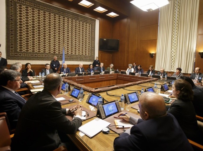 Overview of the Syria peace talks at the European headquarters of the United Nations in Geneva, Switzerland, Monday, Feb. 1, 2016. Members of the main Syrian opposition group said Monday they plan to give U.N. envoy Staffan de Mistura a "roadmap" for implementation of their humanitarian demands on Syria that they say must happen before they formally join indirect peace talks with a government delegation in Geneva. (Salvatore Di Nolfi/Keystone via AP)