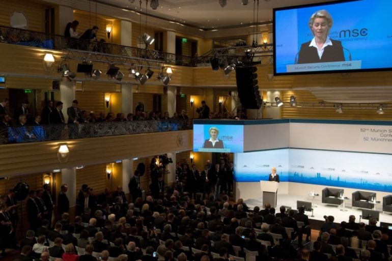 German Defence Minister Ursula von der Leyen (on screen) speaks during the 52nd Security Conference in Munich, Germany, 12 February 2016. The 52nd Security Conference, where foreign policy and defence experts are meeting to discuss global crises continues until 14 February 2016.
