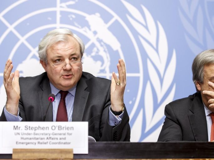 Stephen O'Brien, left, UN under-secretary-general for Humanitarian Affairs, sits next to United Nations High Commissioner for Refugees, UNHCR, Portuguese Antonio Guterres, right, during a press conference, at the European headquarters of the United Nations in Geneva, Switzerland, Monday, Dec. 7, 2015. After a dismal 2015 of mass refugee flows, war and catastrophe, leading U.N. agencies and their partners announced Monday that they are seeking over $20 billion in funding next year — the largest humanitarian appeal in history. (Salvatore Di Nolfi/Keystone via AP)