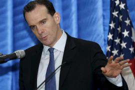 Brett McGurk, the U.S. envoy to the coalition it leads against Islamic State, speaks to reporters during a news conference at the U.S. embassy in the heavily fortified Green Zone in Baghdad, Iraq, in this December 9, 2015 file photo. McGurk visited Kurdish-held areas of northern Syria at the weekend to assess progress in the campaign against Islamic State, a U.S. official said, and a Syrian Kurdish official said he landed at a Kurdish-held airport in the area. REUTERS/Thaier Al-Sudani/Files