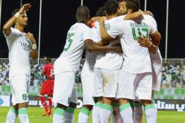 Al-Ahli players celebrate their 1-0 lead during the Saudi Professional League soccer match between Najran SC and Al-Ahli SC at King Abdul Aziz Sport City Stadium in Mecca, Saudi Arabia, 30 October 2015.